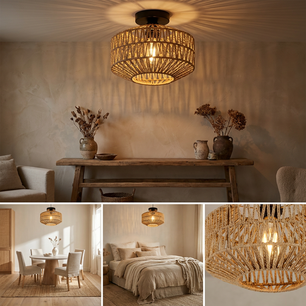 Woven Lantern Boho Radiance Rattan Ceiling Light lifestyle image - Higgsfield lux20v1 - a15