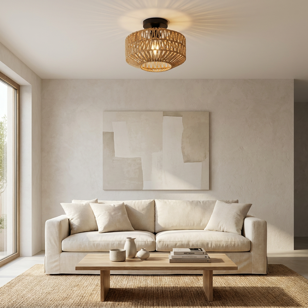Woven Lantern Boho Radiance Rattan Ceiling Light lifestyle image - Higgsfield lux20v1 - a17
