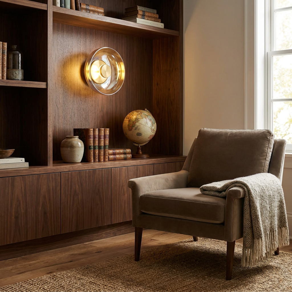 The Shimmering Glow Premium Minimalist Brass Wall Light lifestyle image - Higgsfield lux20v1 - a13