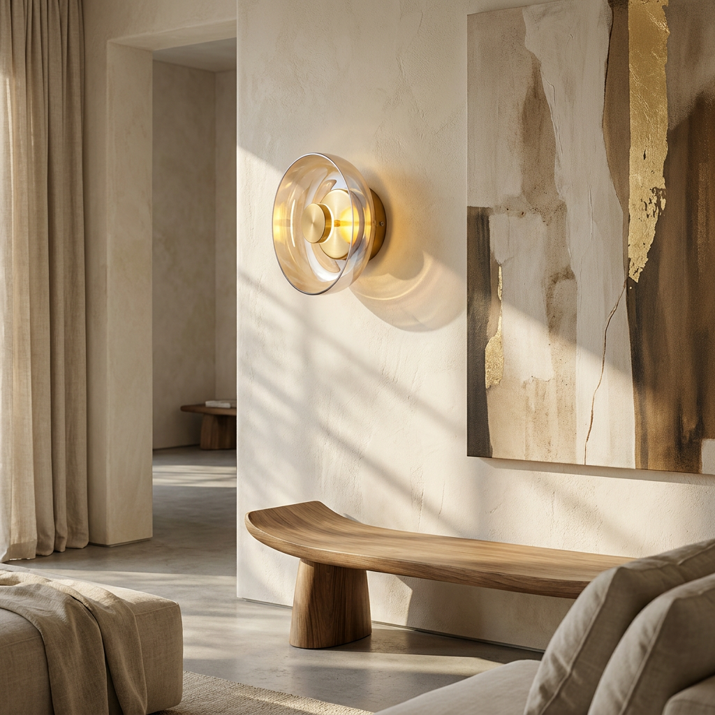 The Shimmering Glow Premium Minimalist Brass Wall Light lifestyle image - Higgsfield lux20v1 - a16