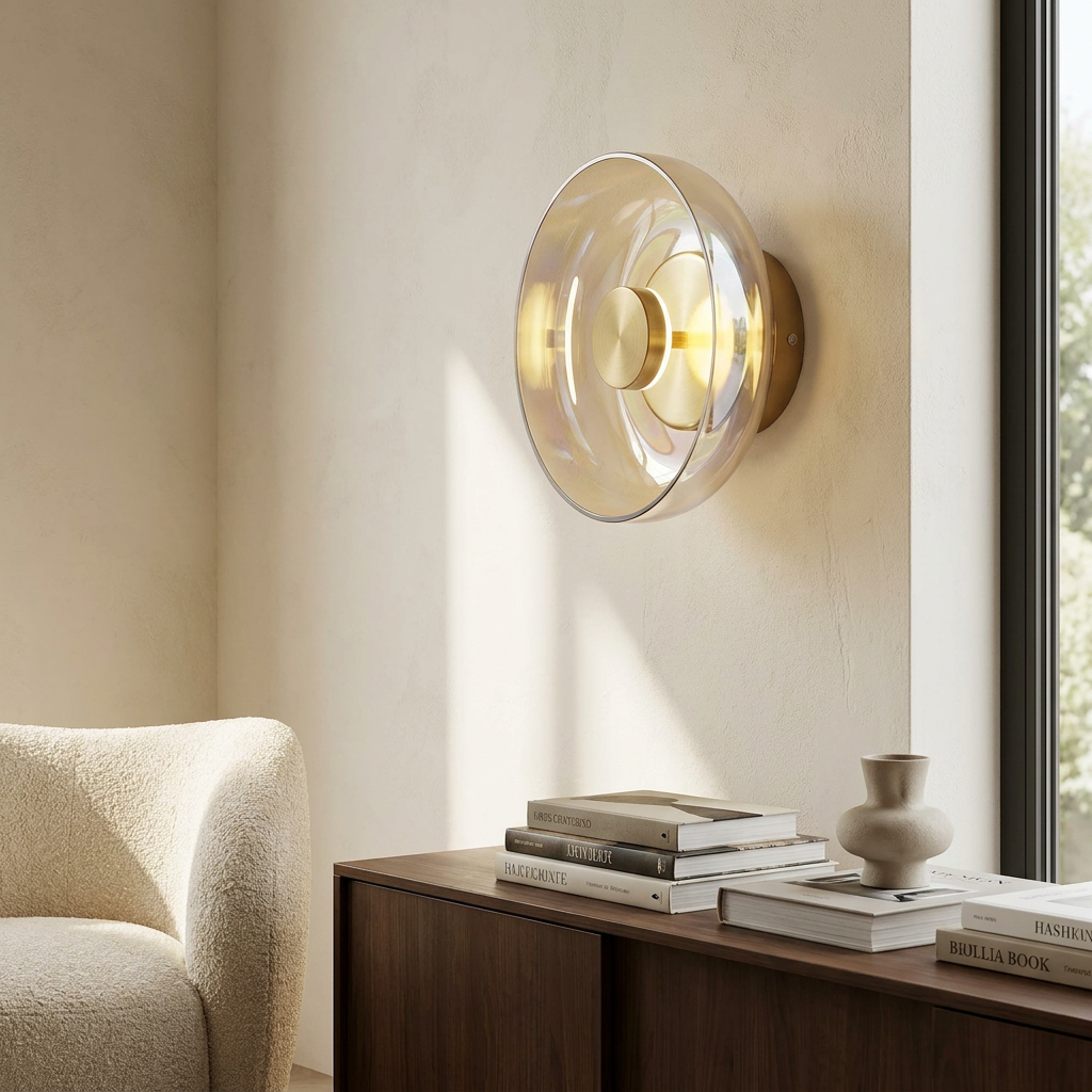 The Shimmering Glow Premium Minimalist Brass Wall Light lifestyle image - Higgsfield lux20v1 - a19