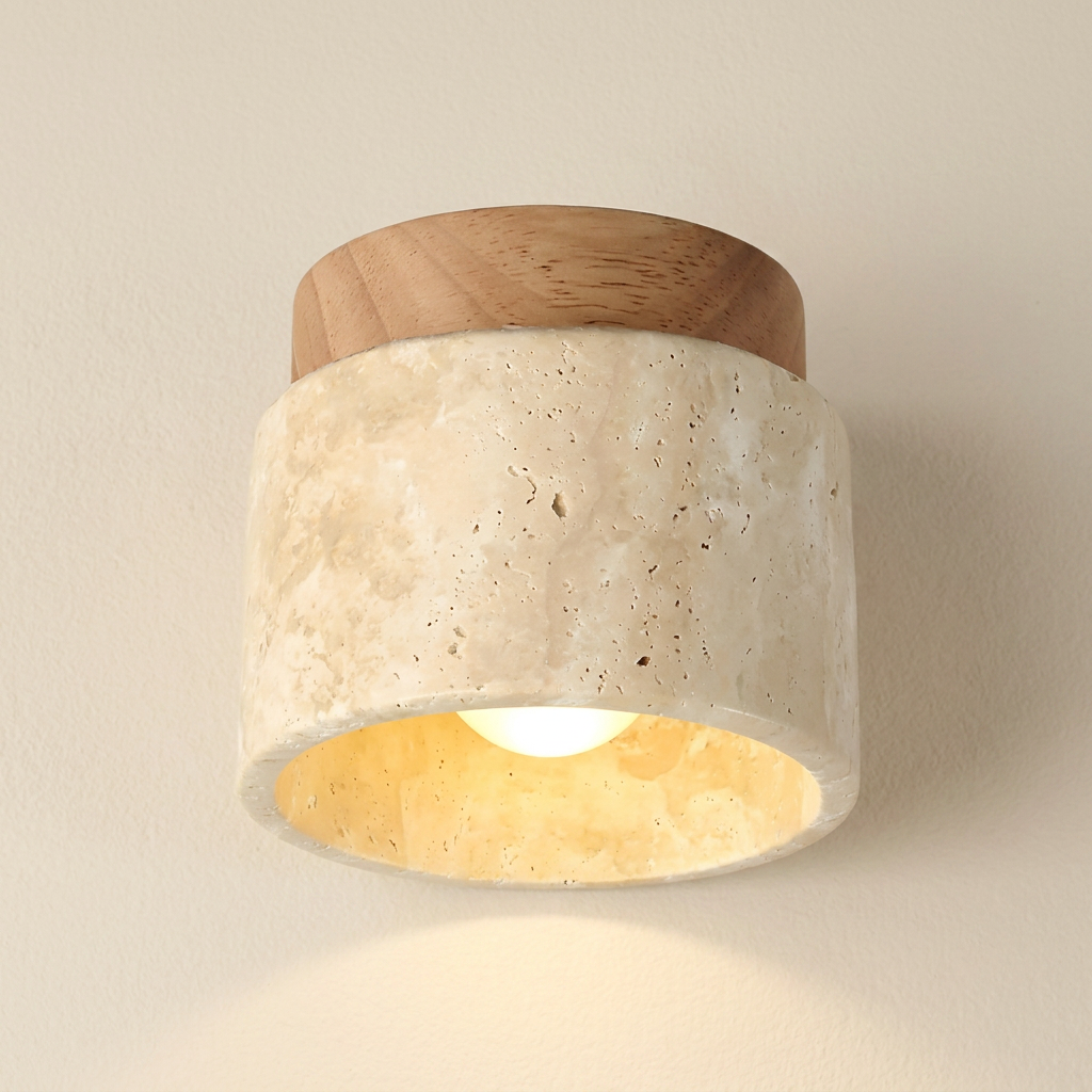 The Yellow Stone Japandi Travertine Ceiling Light lifestyle image - Higgsfield lux20v1 - hero