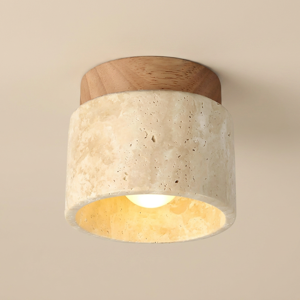 The Yellow Stone Japandi Travertine Ceiling Light lifestyle image - Higgsfield lux20v1 - a1