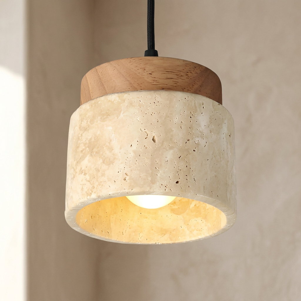The Yellow Stone Japandi Travertine Ceiling Light lifestyle image - Higgsfield lux20v1 - a2