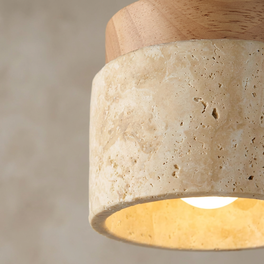 The Yellow Stone Japandi Travertine Ceiling Light lifestyle image - Higgsfield lux20v1 - a3