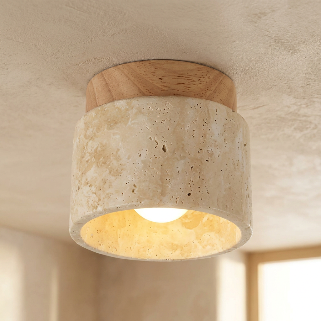 The Yellow Stone Japandi Travertine Ceiling Light lifestyle image - Higgsfield lux20v1 - a4