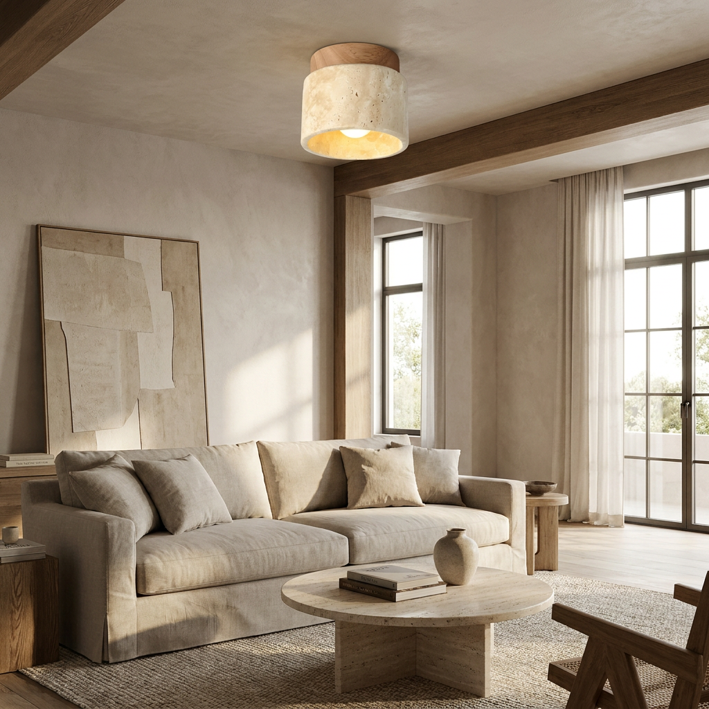 The Yellow Stone Japandi Travertine Ceiling Light lifestyle image - Higgsfield lux20v1 - a5