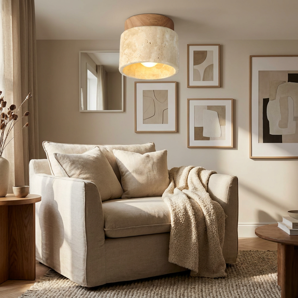 The Yellow Stone Japandi Travertine Ceiling Light lifestyle image - Higgsfield lux20v1 - a6