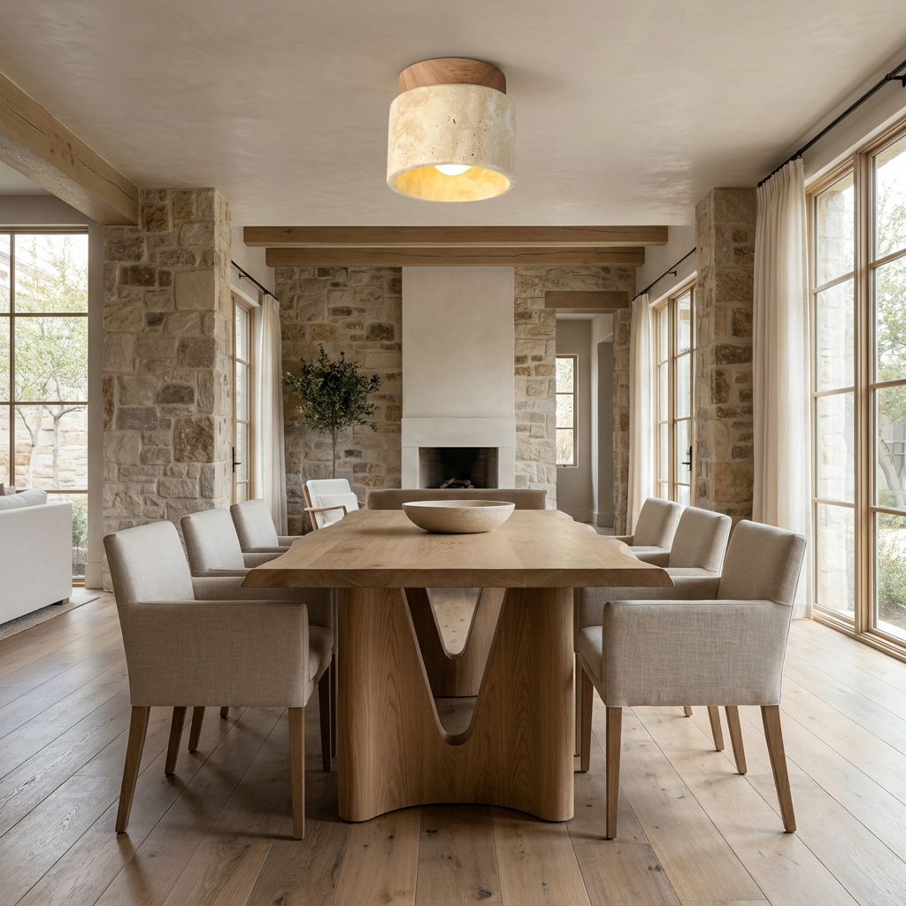 The Yellow Stone Japandi Travertine Ceiling Light lifestyle image - Higgsfield lux20v1 - a7
