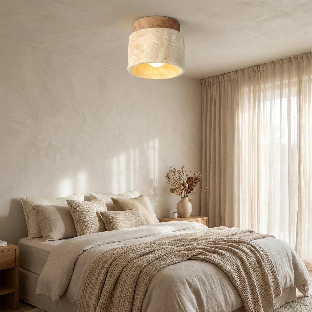 The Yellow Stone Japandi Travertine Ceiling Light lifestyle image - Higgsfield lux20v1 - a8