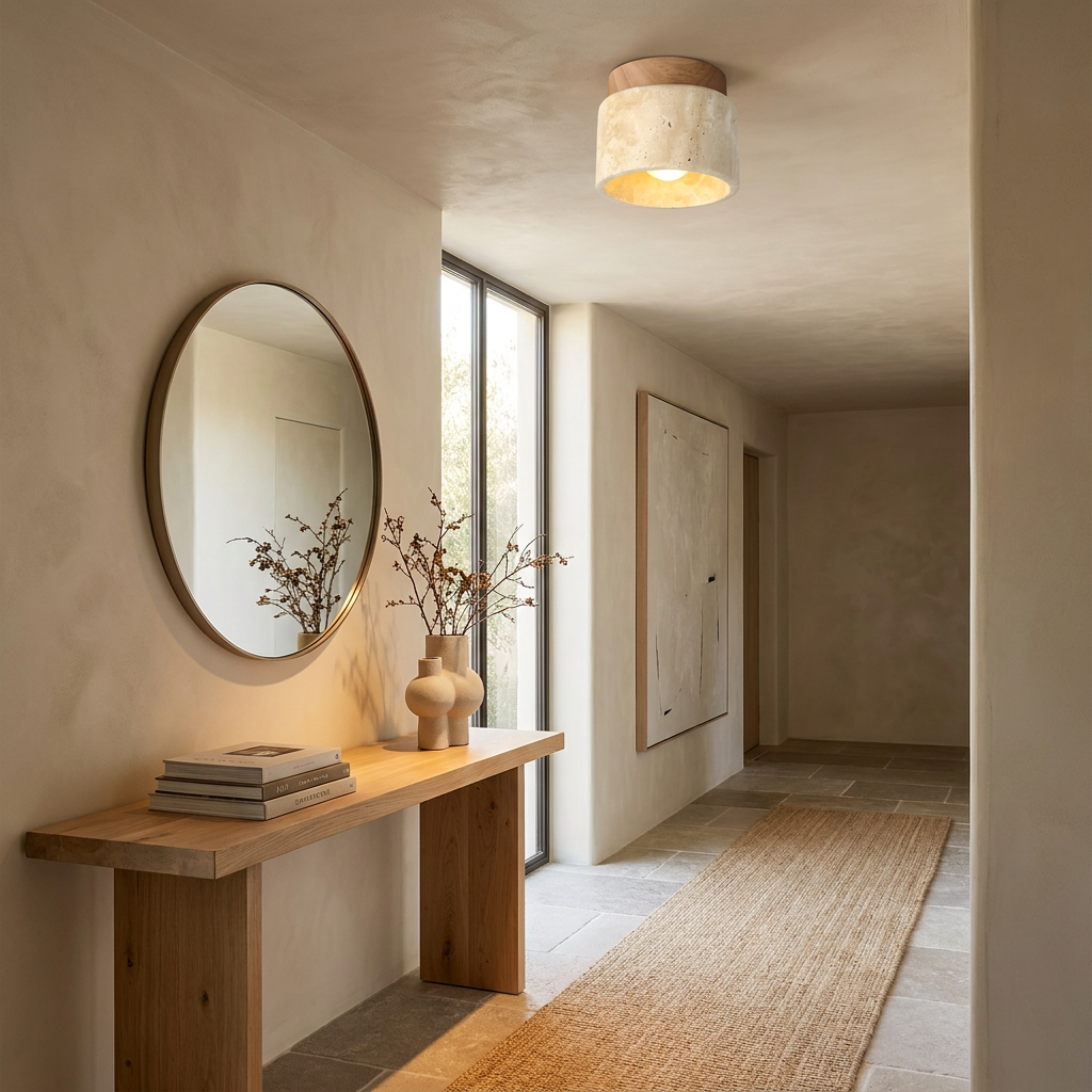 The Yellow Stone Japandi Travertine Ceiling Light lifestyle image - Higgsfield lux20v1 - a9