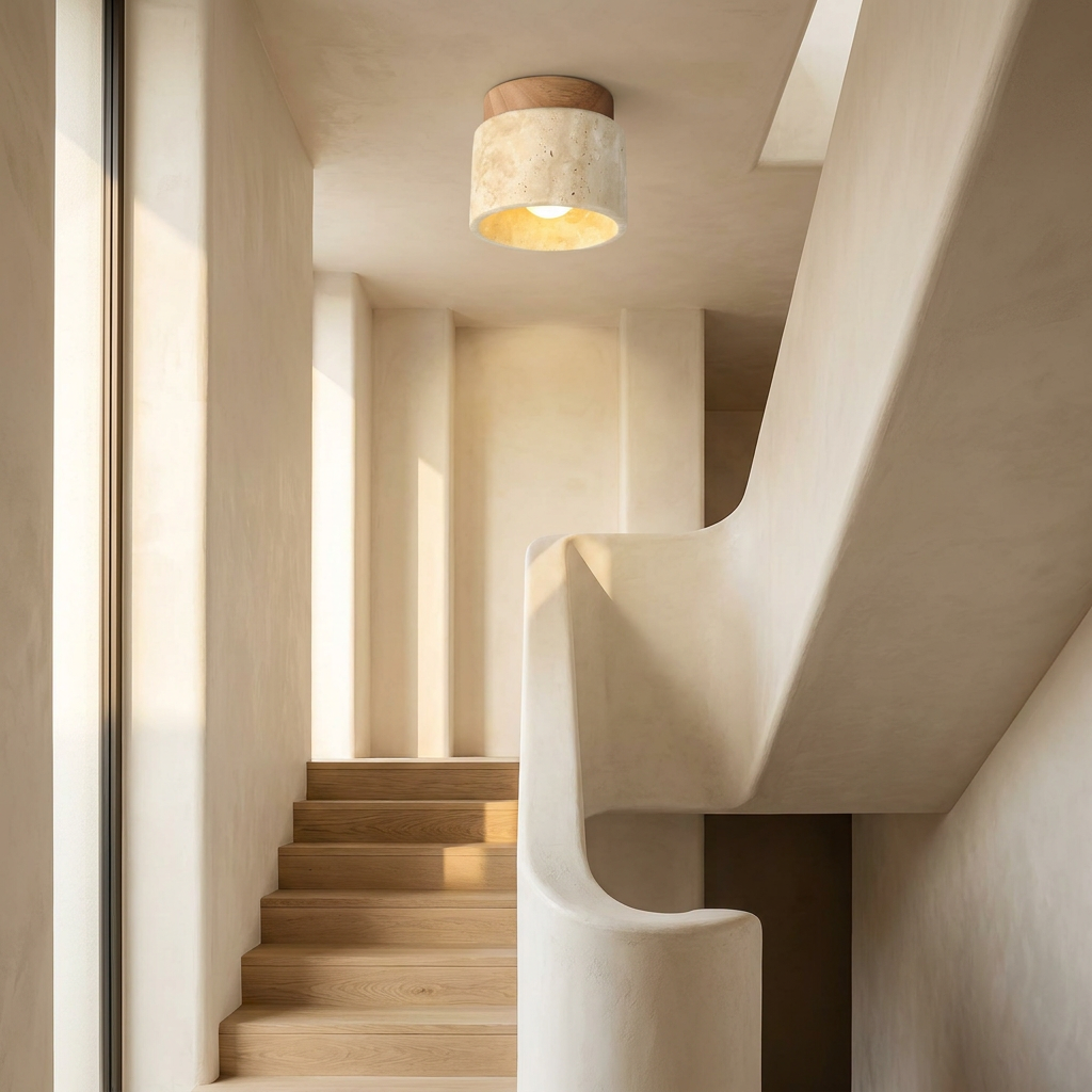 The Yellow Stone Japandi Travertine Ceiling Light lifestyle image - Higgsfield lux20v1 - a11