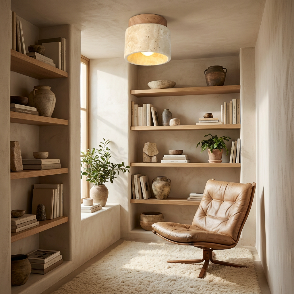 The Yellow Stone Japandi Travertine Ceiling Light lifestyle image - Higgsfield lux20v1 - a13