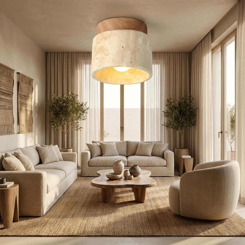 The Yellow Stone Japandi Travertine Ceiling Light lifestyle image - Higgsfield lux20v1 - a14