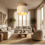 The Yellow Stone Japandi Travertine Ceiling Light lifestyle image - Higgsfield lux20v1 - a14