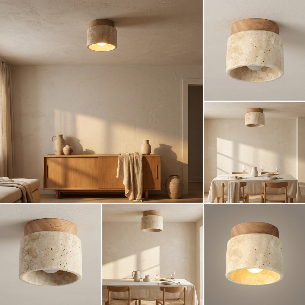 The Yellow Stone Japandi Travertine Ceiling Light lifestyle image - Higgsfield lux20v1 - a15