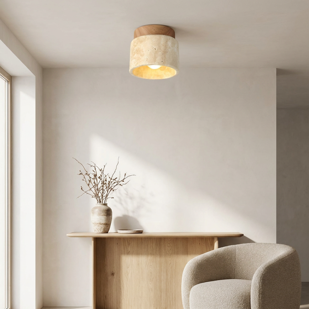 The Yellow Stone Japandi Travertine Ceiling Light lifestyle image - Higgsfield lux20v1 - a17