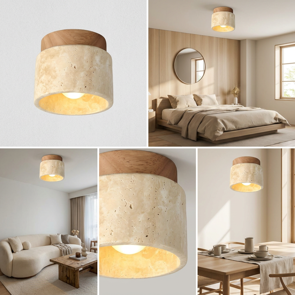 The Yellow Stone Japandi Travertine Ceiling Light lifestyle image - Higgsfield lux20v1 - a18