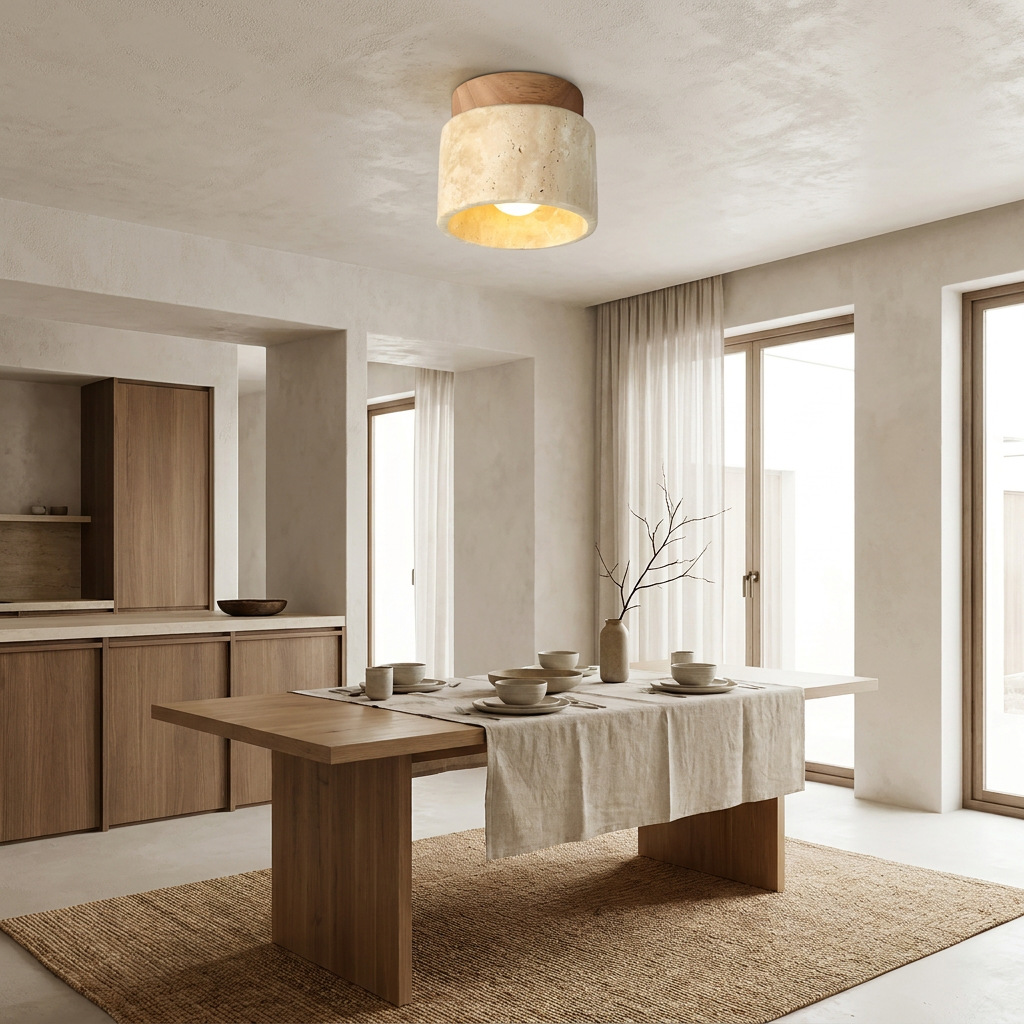 The Yellow Stone Japandi Travertine Ceiling Light lifestyle image - Higgsfield lux20v1 - a19