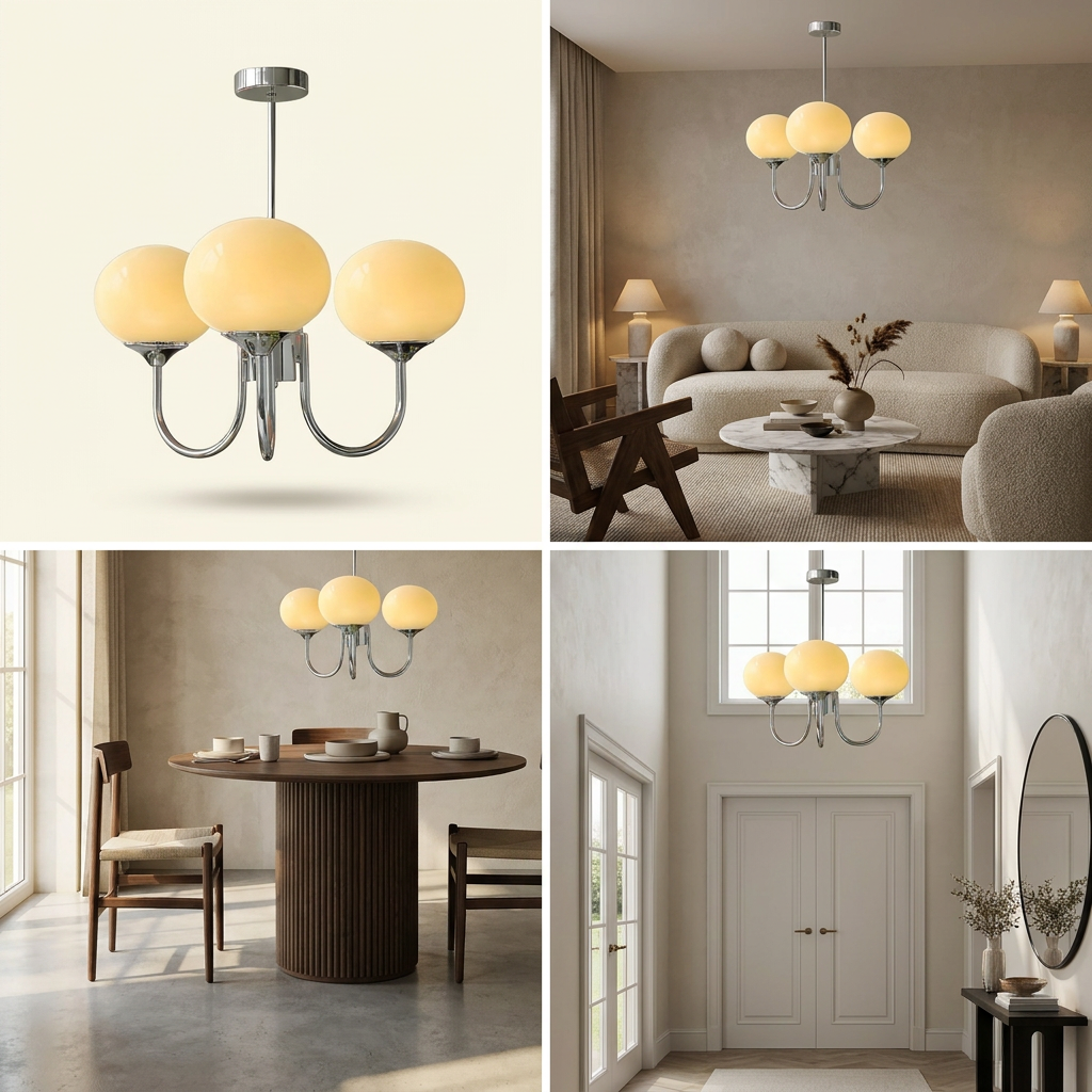 Marshmallow Modern Glass Chandelier lifestyle image - Higgsfield lux20v1 - hero