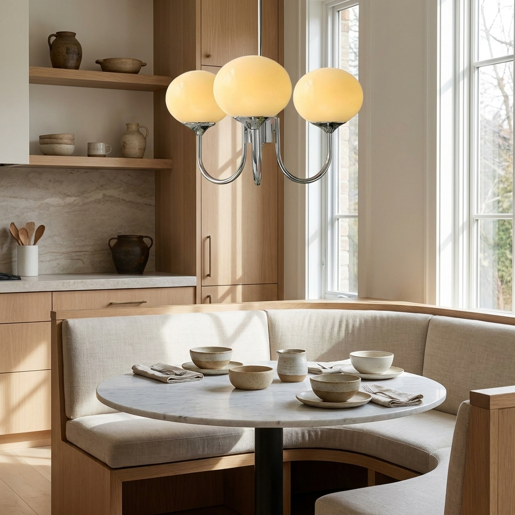 Marshmallow Modern Glass Chandelier lifestyle image - Higgsfield lux20v1 - a10