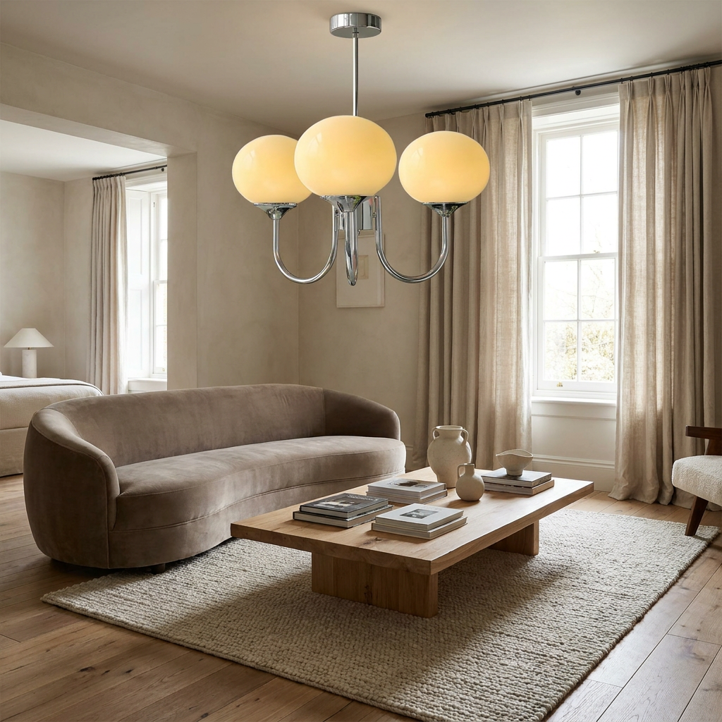 Marshmallow Modern Glass Chandelier lifestyle image - Higgsfield lux20v1 - a14