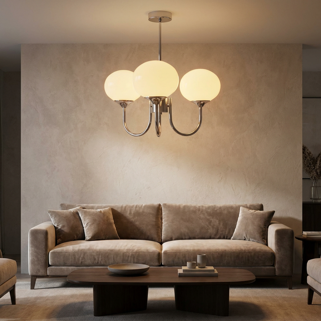 Marshmallow Modern Glass Chandelier lifestyle image - Higgsfield lux20v1 - a15