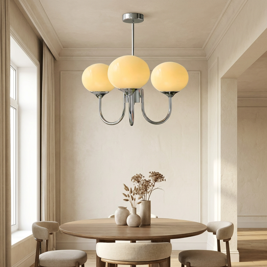 Marshmallow Modern Glass Chandelier lifestyle image - Higgsfield lux20v1 - a17