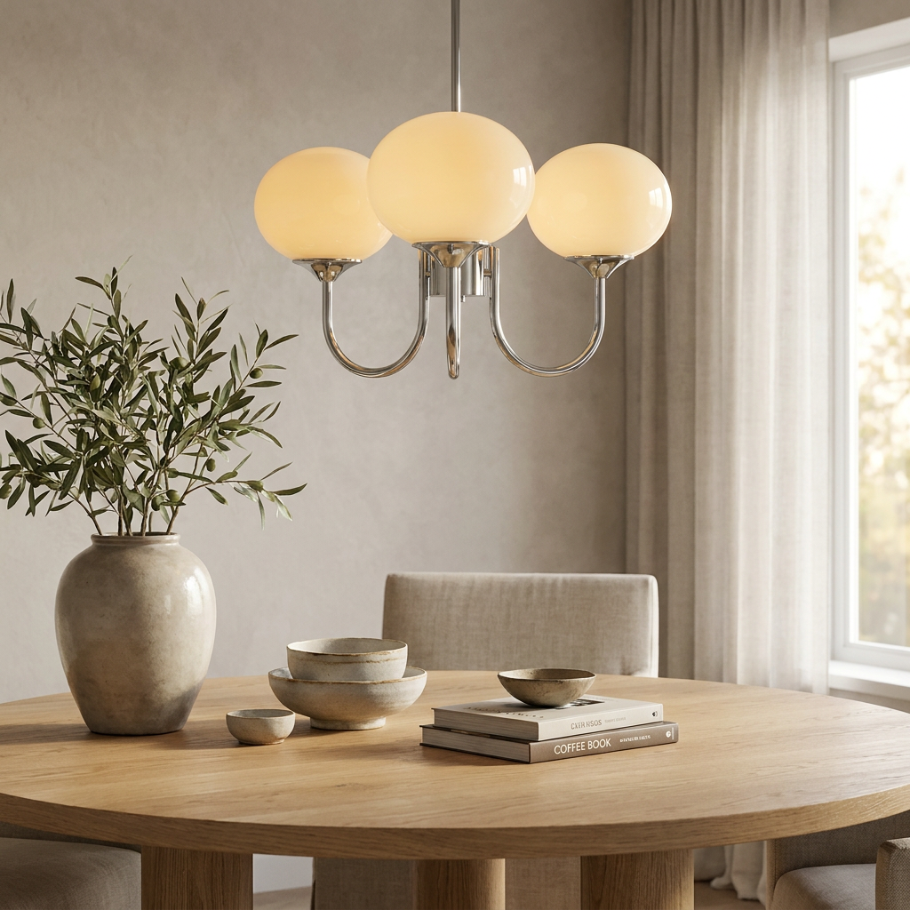 Marshmallow Modern Glass Chandelier lifestyle image - Higgsfield lux20v1 - a19