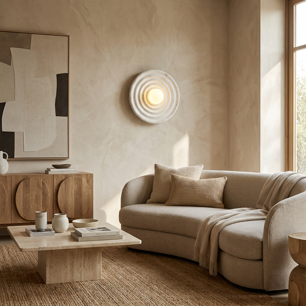 Wabi-Sabi Resin Round Circle Wall Light lifestyle image - Higgsfield lux20v1 - a5