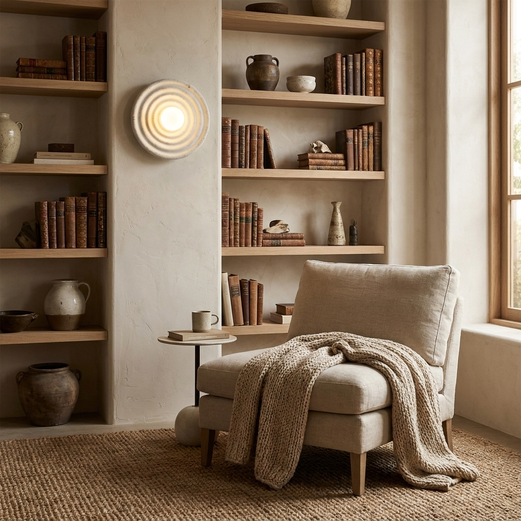 Wabi-Sabi Resin Round Circle Wall Light lifestyle image - Higgsfield lux20v1 - a13