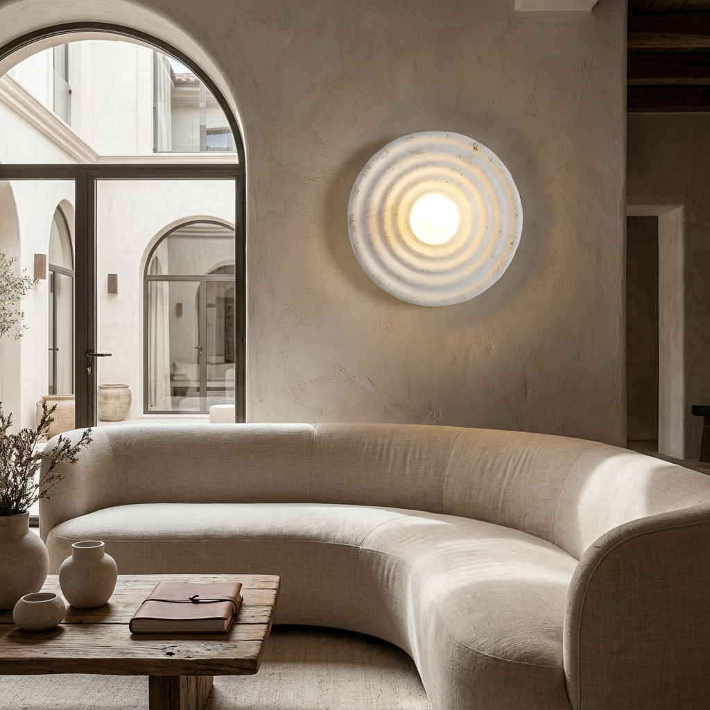 Wabi-Sabi Resin Round Circle Wall Light lifestyle image - Higgsfield lux20v1 - a14