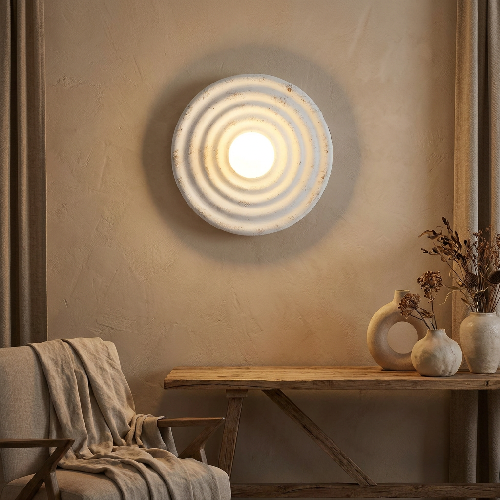 Wabi-Sabi Resin Round Circle Wall Light lifestyle image - Higgsfield lux20v1 - a15