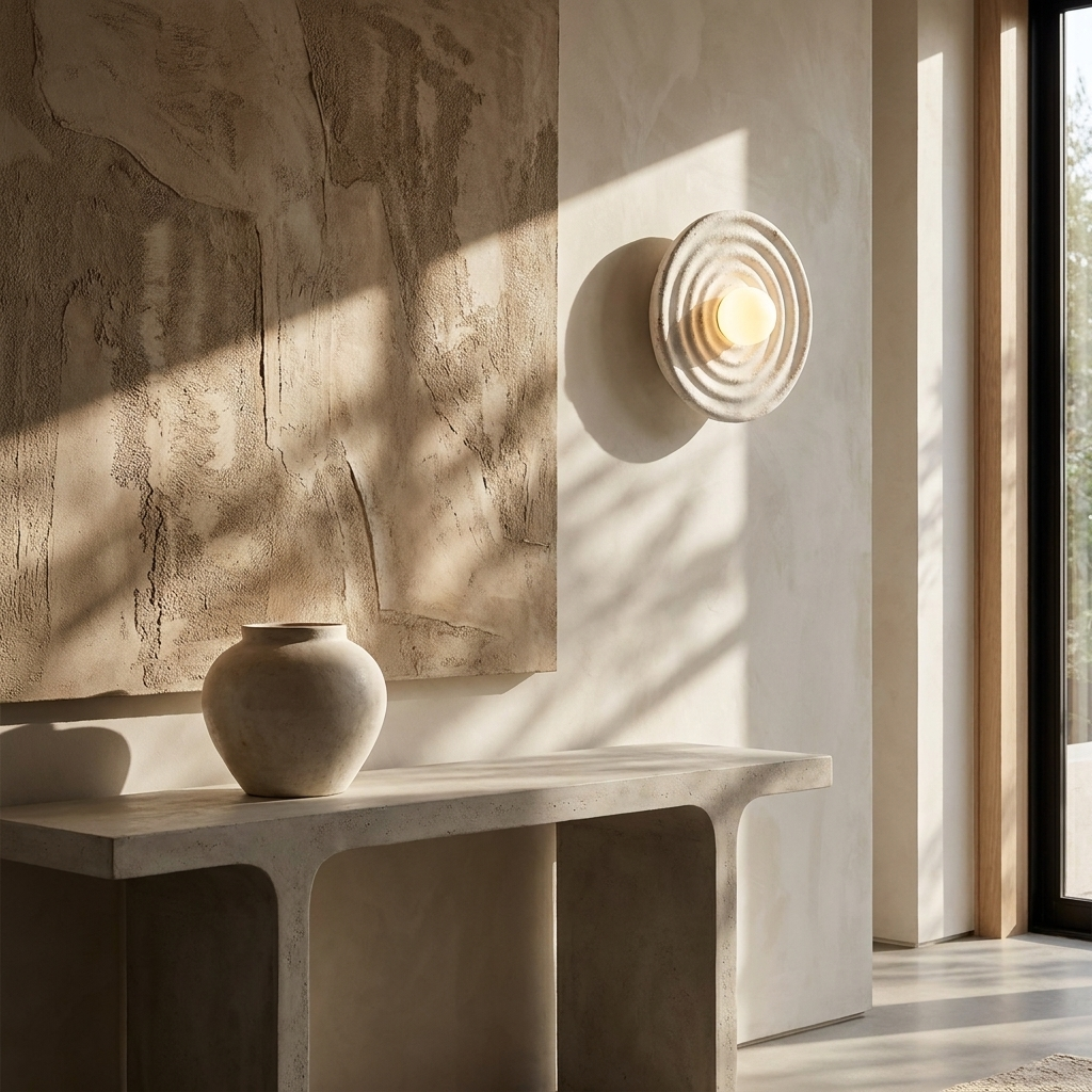 Wabi-Sabi Resin Round Circle Wall Light lifestyle image - Higgsfield lux20v1 - a16