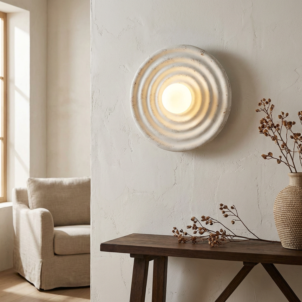 Wabi-Sabi Resin Round Circle Wall Light lifestyle image - Higgsfield lux20v1 - a19