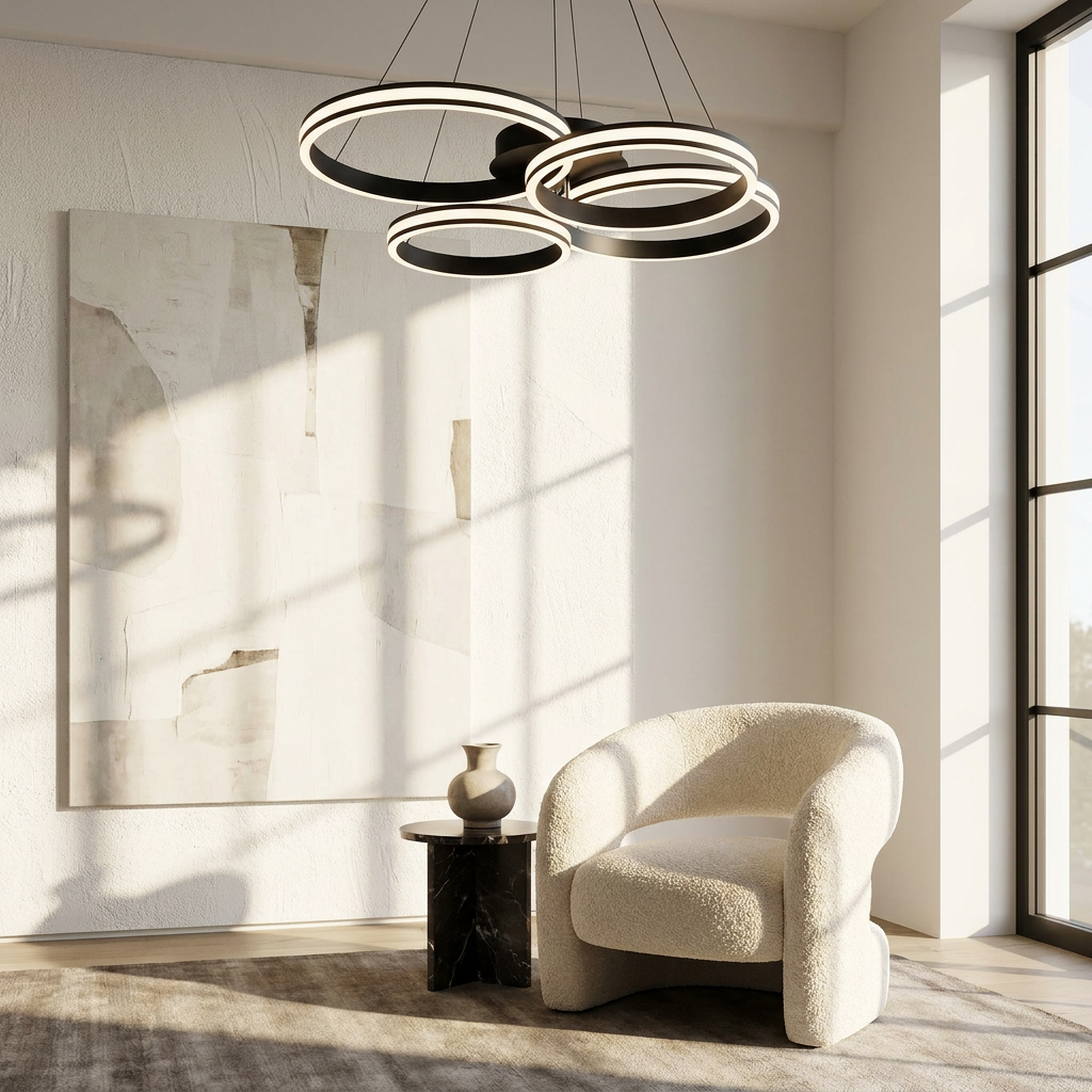 Modern Black Metal Chandelier Ceiling Light lifestyle image - Higgsfield lux20v1 - a16