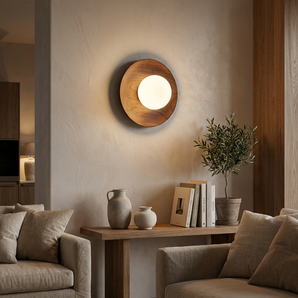 Nordic Minimalist Natural Wood LED Wall Light lifestyle image - Higgsfield lux20v1 - a15