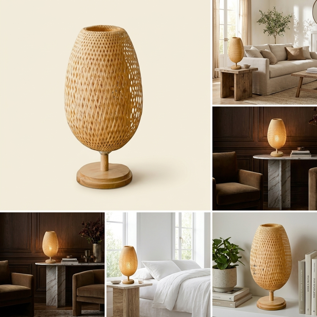 Handcrafted Sustainable Bamboo Table Lamp lifestyle image - Higgsfield lux20v1 - hero
