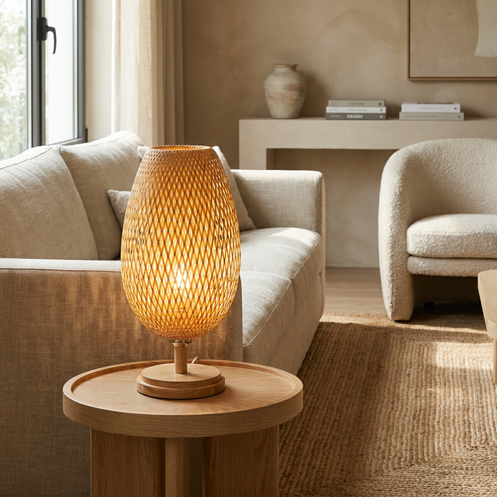 Handcrafted Sustainable Bamboo Table Lamp lifestyle image - Higgsfield lux20v1 - a14
