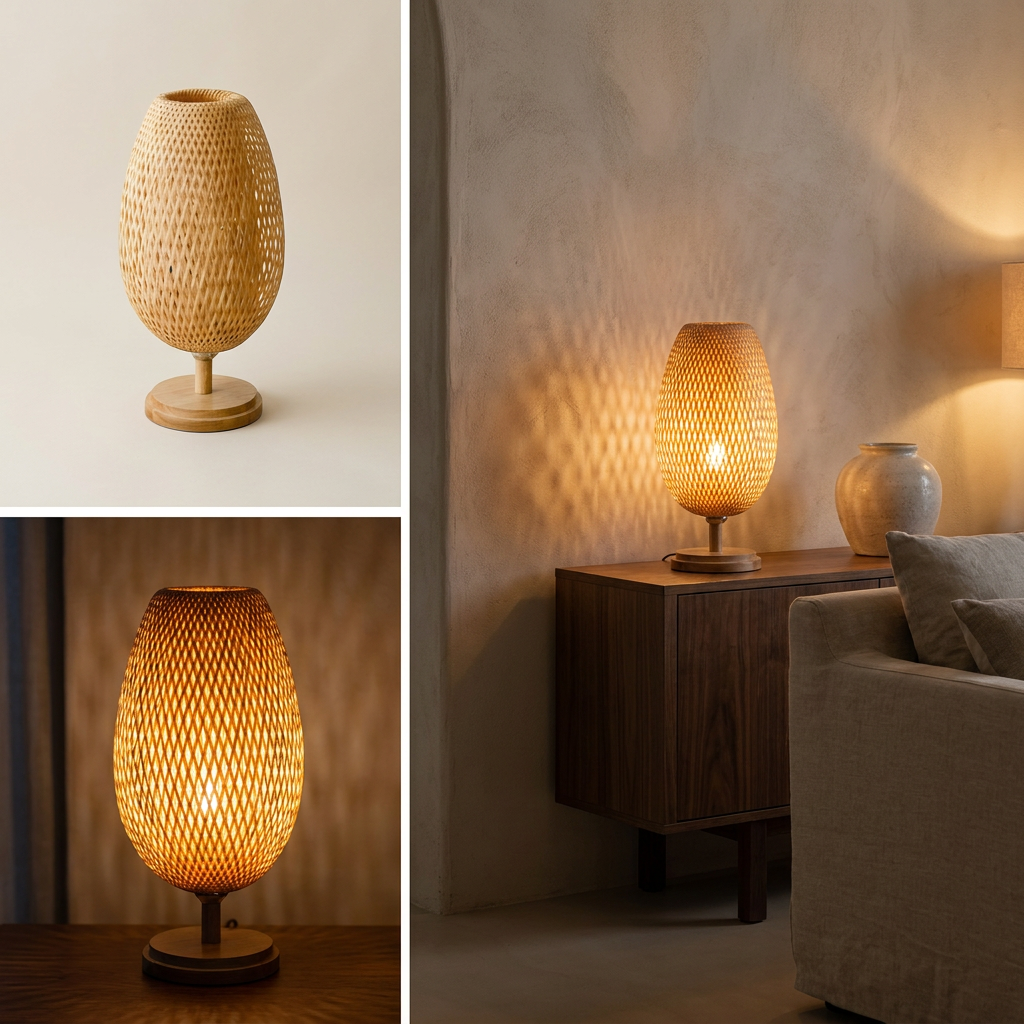 Handcrafted Sustainable Bamboo Table Lamp lifestyle image - Higgsfield lux20v1 - a15