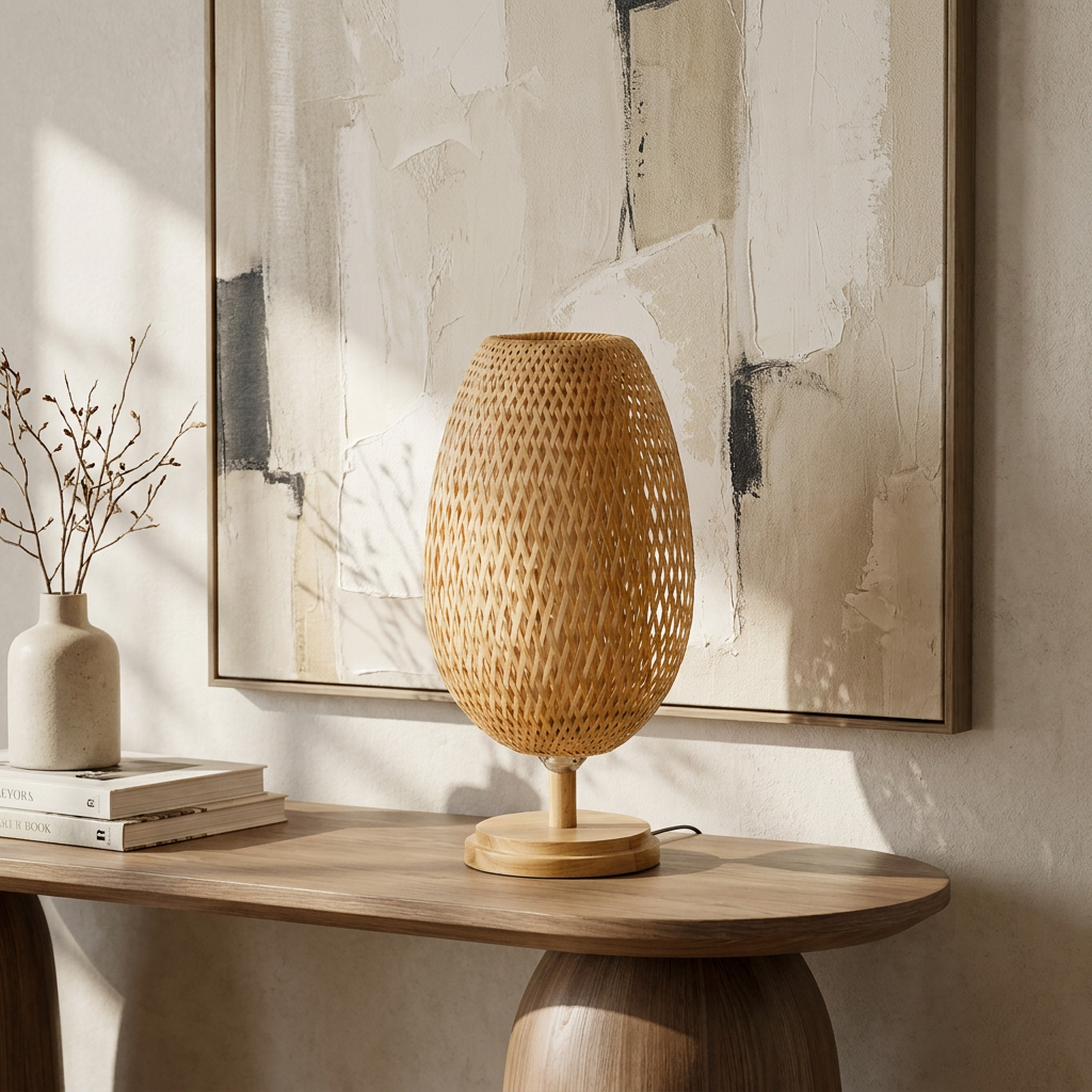 Handcrafted Sustainable Bamboo Table Lamp lifestyle image - Higgsfield lux20v1 - a16