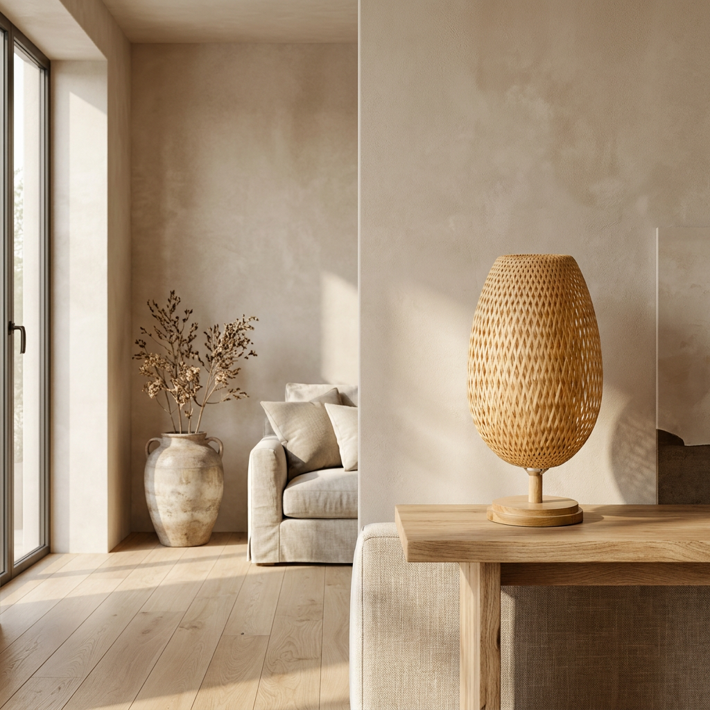 Handcrafted Sustainable Bamboo Table Lamp lifestyle image - Higgsfield lux20v1 - a17