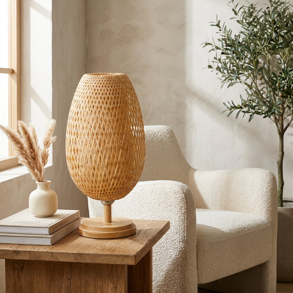 Handcrafted Sustainable Bamboo Table Lamp lifestyle image - Higgsfield lux20v1 - a19