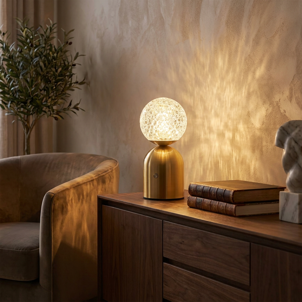 Emerald Veil Elegance Wireless Table Lamp lifestyle image - Higgsfield lux20v1 - a15