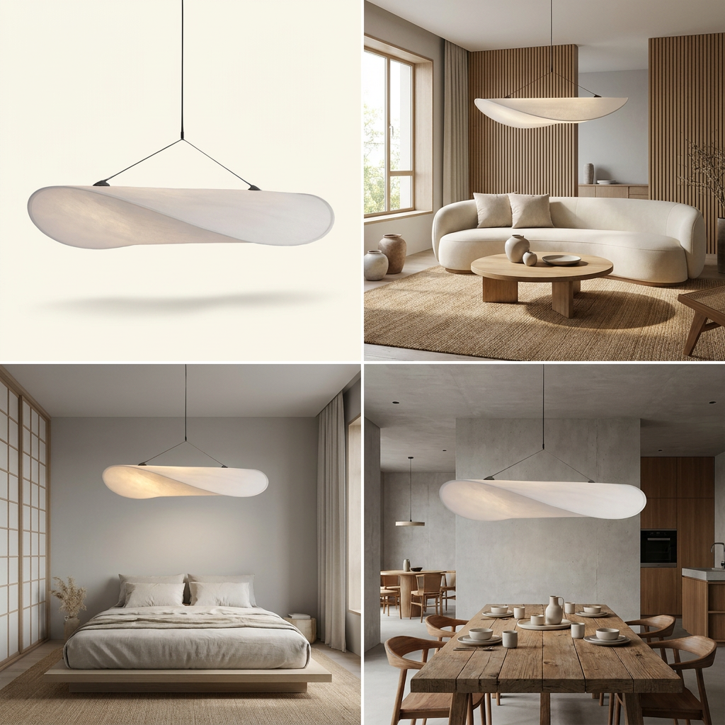 Japandi White Silk Fabric Minimalist Pendant Light lifestyle image - Higgsfield lux20v1 - hero