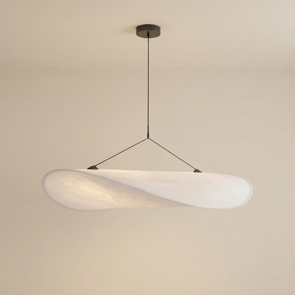 Japandi White Silk Fabric Minimalist Pendant Light lifestyle image - Higgsfield lux20v1 - a1