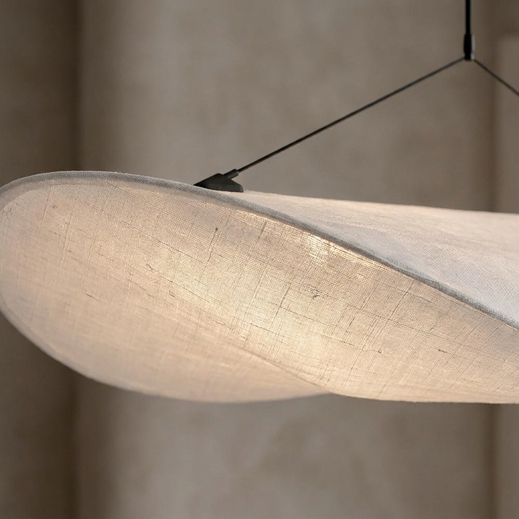 Japandi White Silk Fabric Minimalist Pendant Light lifestyle image - Higgsfield lux20v1 - a3