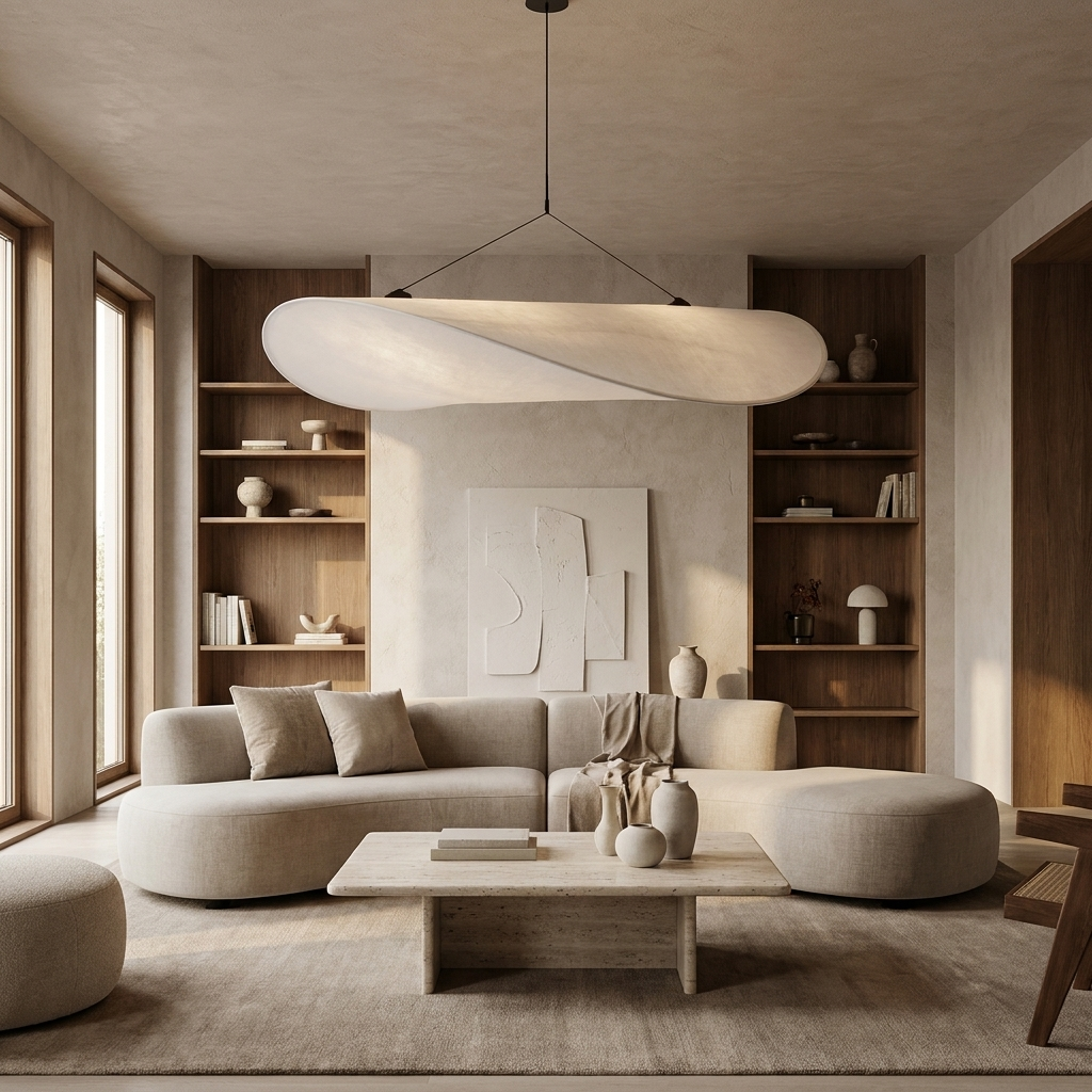 Japandi White Silk Fabric Minimalist Pendant Light lifestyle image - Higgsfield lux20v1 - a5