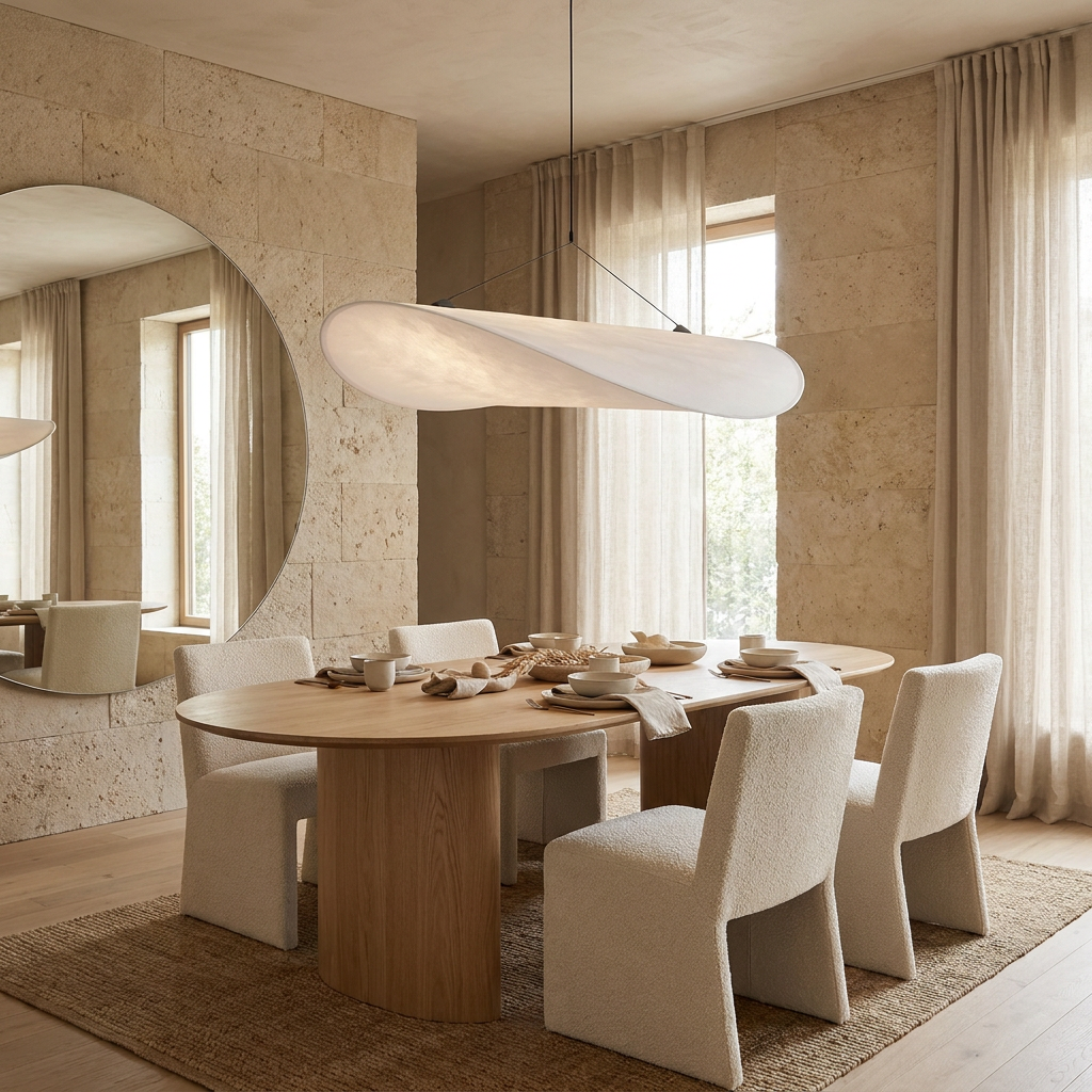 Japandi White Silk Fabric Minimalist Pendant Light lifestyle image - Higgsfield lux20v1 - a7