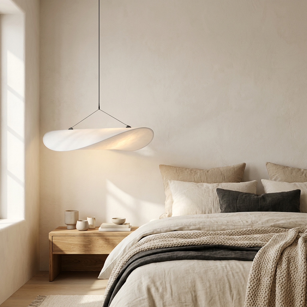 Japandi White Silk Fabric Minimalist Pendant Light lifestyle image - Higgsfield lux20v1 - a8